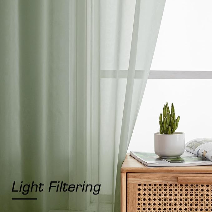 Simplebrand Sage Green Sheer Curtains 96 Inches Long, Light Filtering Rod Pocket Solid Color Window Sheer Curtain Panels, Elegant Curtains & Drapes for Living Room, Bedroom 2 Panels, 59" W x 96" L