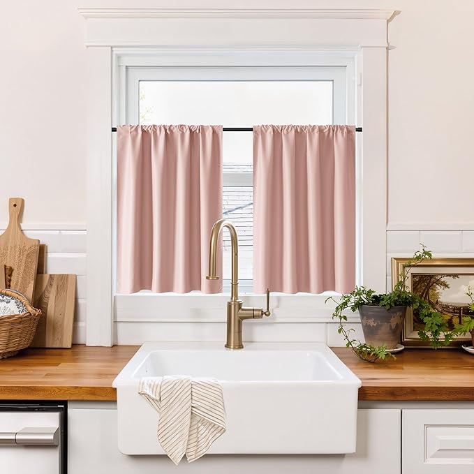 RYB HOME 100% Blackout Basement Curtains 24 inches Long, Heat & UV Blocking Total Room Darkening Noise Reducing Curtains for Bathroom RV Campers, Peach Pink, 2 Panels Set