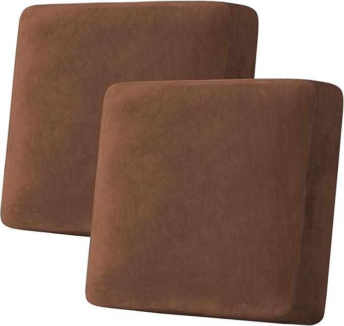 H.VERSAILTEX Velvet Stretch Couch Cushion Cover Plush Cushion Slipcover for Chair Loveseat Sofa Cushion Furniture Protector Seat Cushion Sofa Cover (2 Piece Large Sofa Cushion Covers, Caramel)