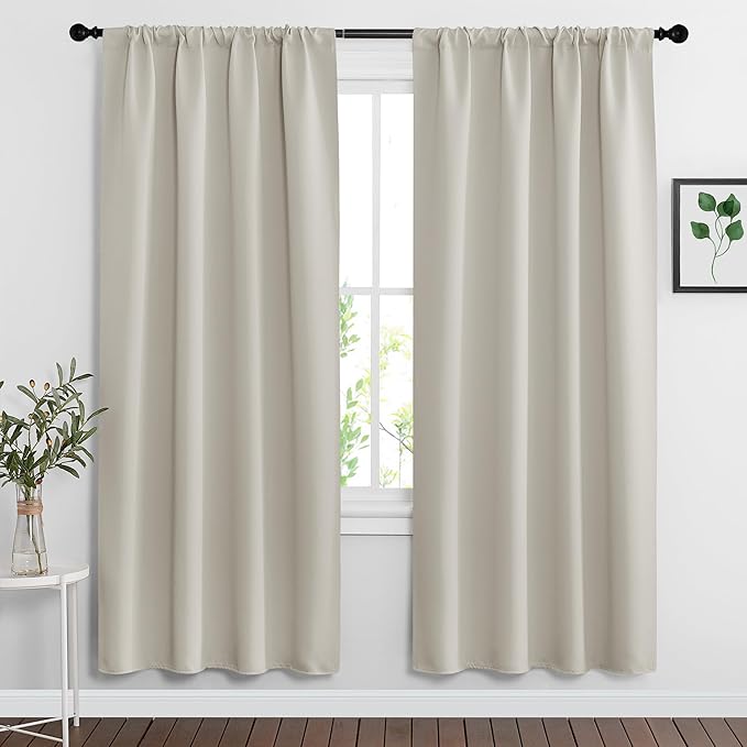 RYB HOME Curtains for Bedroom Living Room 63 inches Long, Thermal Insulated Privacy Rod Pocket Drapes for Nursery Office Home Theater, Width 34 by Length 63, Natural, 2 Panels
