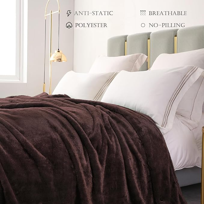 Exclusivo Mezcla Plush Fuzzy Fleece Bed Blanket Queen Size, Super Soft, Fluffy and Warm Blankets for Couch, Bed, All Season (Coffee, 90x90 Inches)