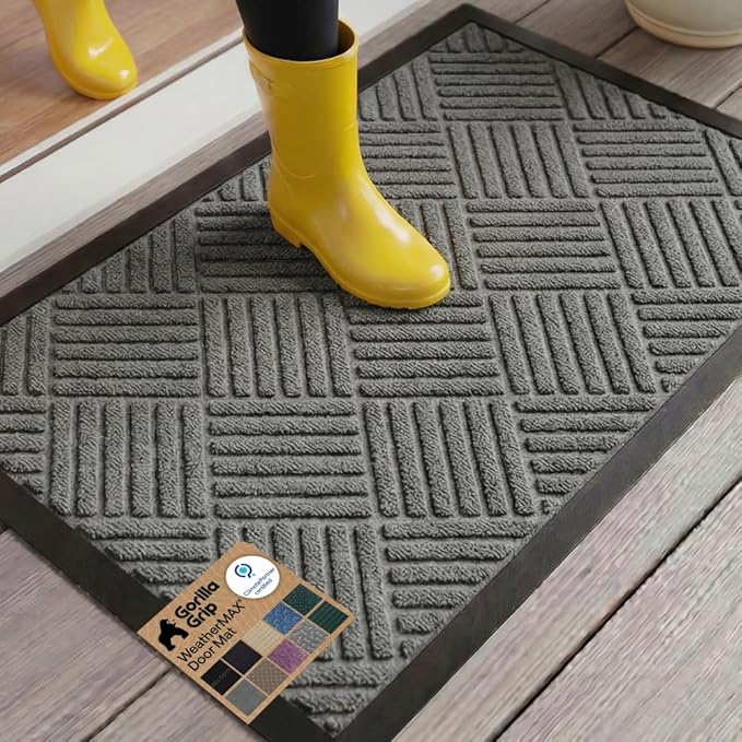 GORILLA GRIP 100% Waterproof All-Season WeatherMAX Doormat 35x23, US Designed Natural Rubber, Stain and Fade Resistant, Low Profile Indoor Outdoor Door Mats, Easy Clean Patio Mat, Gray Diamond