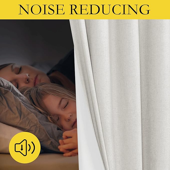 NICETOWN 100% Absolutely Blackout Linen Curtains with Thermal Insulated White Liner, Natural, W52, 2 Pieces, Noise Reducing Textured Linen Look Curtains for Windows 108 inch Length for Classroom