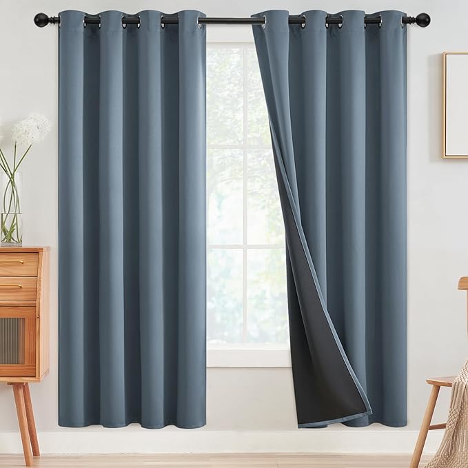 SimpleHome 100% Blackout Curtains for Bedroom,Thermal Insulated Stone Blue Grommet Window Drapes Room Darkening Curtains for Living Room with Black Back,52 x 72 Inch,2 Panels
