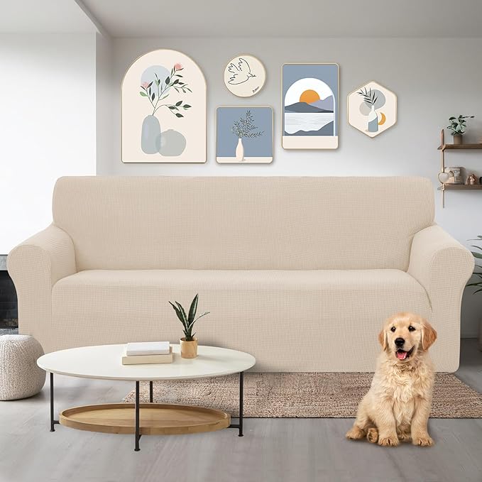 U-NICE HOME Stretch Couch Cover Sofa Cover Washable Sofa Slipcover Furniture Protector for 3 Cushion Couch Sofa Pet Friendly(Sofa, Beige)