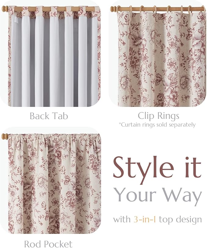 jinchan Blackout Floral Curtains for Living Room Bedroom Linen Blend Curtain Farmhouse Brick Red Printed with Lined Back Tab Rod Pocket Drapes Window Treatments 2 Panels 90 Inch