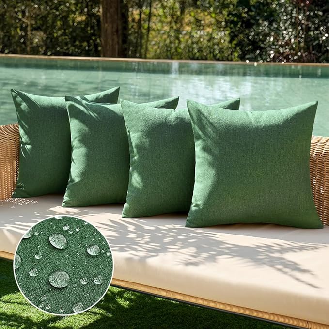 MIULEE Pack of 4 Decorative Solid Waterproof Throw Pillow Covers Linen Garden Farmhouse Cushion Cases for Outdoor Patio Tent Balcony Couch Sofa 16x16 inch Dark Green