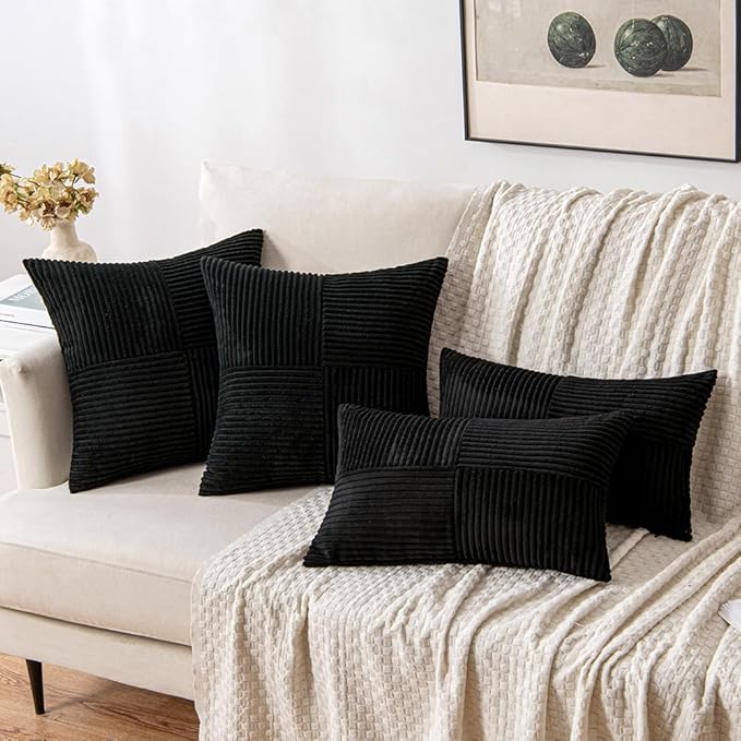 MIULEE Black Decorative Throw Pillow Covers 20x20 Inch for Couch Bed Sofa Pack of 2 Boho Farmhouse Throw Pillows Soft Cross Corduroy Patchwork Textured Cushion Cases