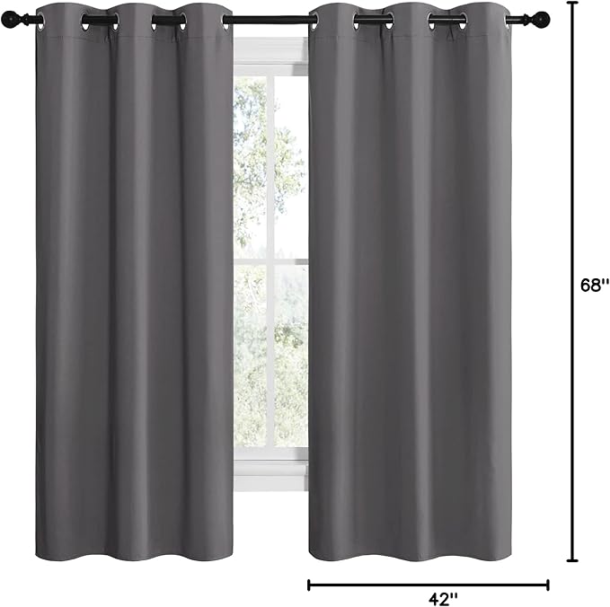 NICETOWN Grey Blackout Curtain Panels for Bedroom, Thermal Insulated Grommet Top Blackout Draperies and Drapes for Basement (2 Panels, W42 x L68-inch, Grey)