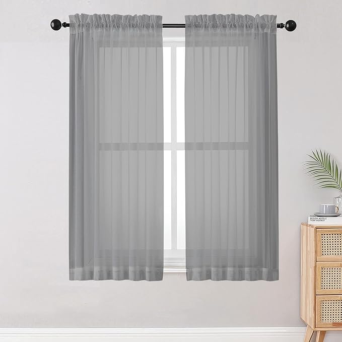 OWENIE Sheer Curtains Living Room 54 inches Long, Rod Pocket Curtain Sheers Bedroom, Light Filtering Voile Panels Drapes Small Window Treatments 2 Panels, 42" W x 54" L, Grey