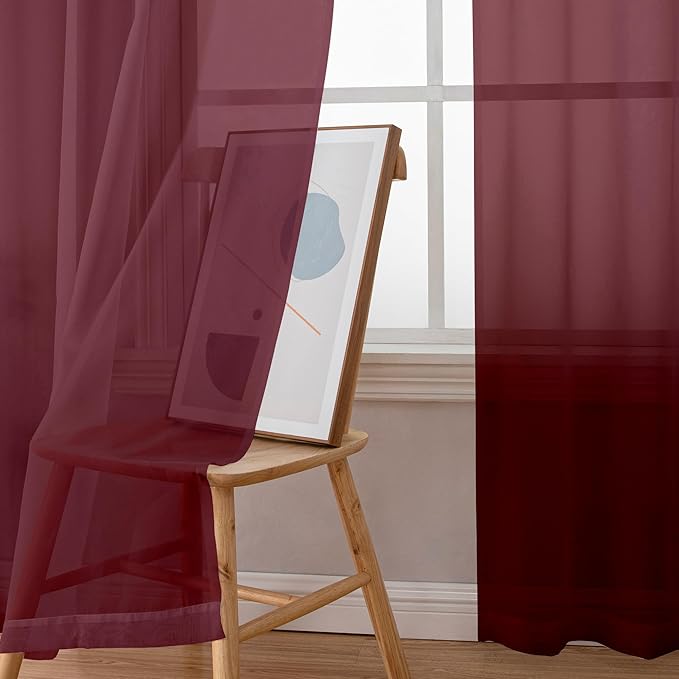 Simplebrand Burgundy Red Sheer Curtains 90 Inches Long 2 Panels, Light Filtering Rod Pocket Solid Color Window Sheer Curtain Panels, Elegant Curtains & Drapes for Living Room, Bedroom, 59" W x 90" L
