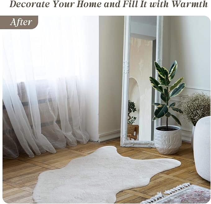 ThreadGlobe Fluffy Faux Rabbit Fur Rug 2'x3', Ultra Soft & Non-Slip Small Rugs for Bedroom, Living Room, Nursery, No Shedding Machine Washable Rug, White, 2x3 Ft