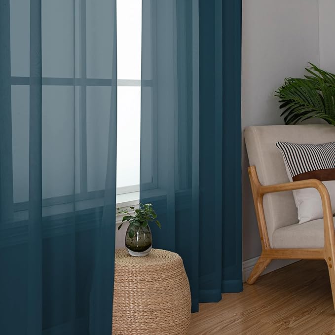 Chyhomenyc Sheer Stone Blue Curtains 90 inches Long 2 Panels, Light Filtering Soft Airy Solid Elegant Voile Window Treatment Drapes for Bedroom Living Room Wedding Party Decor, 42 Wx90 L Inches