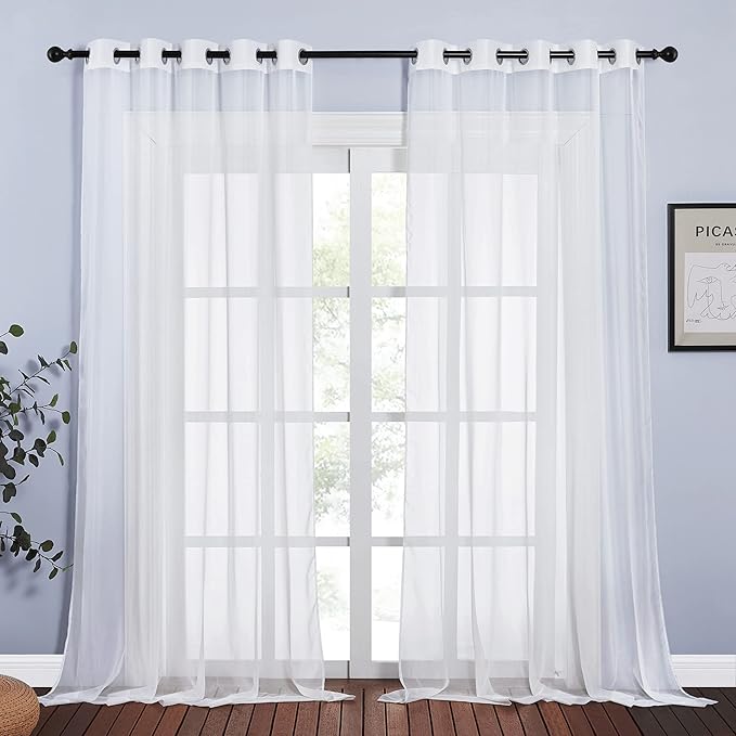 NICETOWN Living Room Sheer Curtains Extra Long 108" L, Eyelet Top Voile Textured Hazy Sheer Panels Window Drapes with Light Penetration for Villa, Ivory, 2 Panels=140" Wide