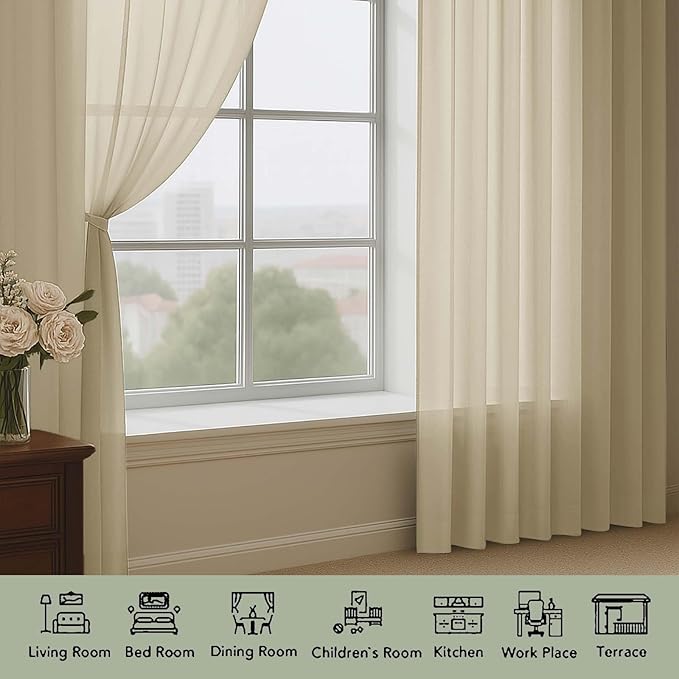 OWENIE Taupe Sheer Curtain 90 Inches Long 2 Panels Set, Solid Filmy Drapes for Living Room Bedroom, Elegant Window Voile Sheer Curtain Panels Drapes, 2 Pcs, Each 59" Wx90 L Inch