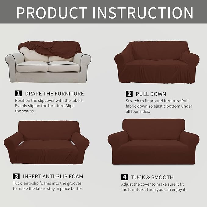 Easy-Going Stretch Loveseat Slipcover 1-Piece Sofa Cover Furniture Protector Couch Soft with Elastic Bottom for Kids Polyester Spandex Jacquard Fabric Small Checks (Loveseat, Coffee)