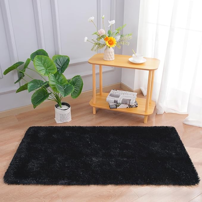 Chicrug Soft Runner Rug for Bedroom Living Room Plush Fluffy Rug 2x3 Feet, Shag Furry Runner Carpet Non Shedding for Nursery Children Kids Girls Room Home Decorative, Black