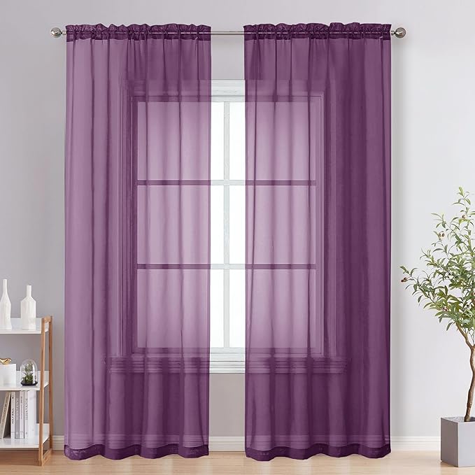 OVZME Plum Sheer Curtains 84 Inches Long 2 Panels - Soft Light Filtering Window Sheer Panels for Living Room/Bedroom, Top Dual Rod Pocket, 1 Pair, Each 42Wx84L Inches
