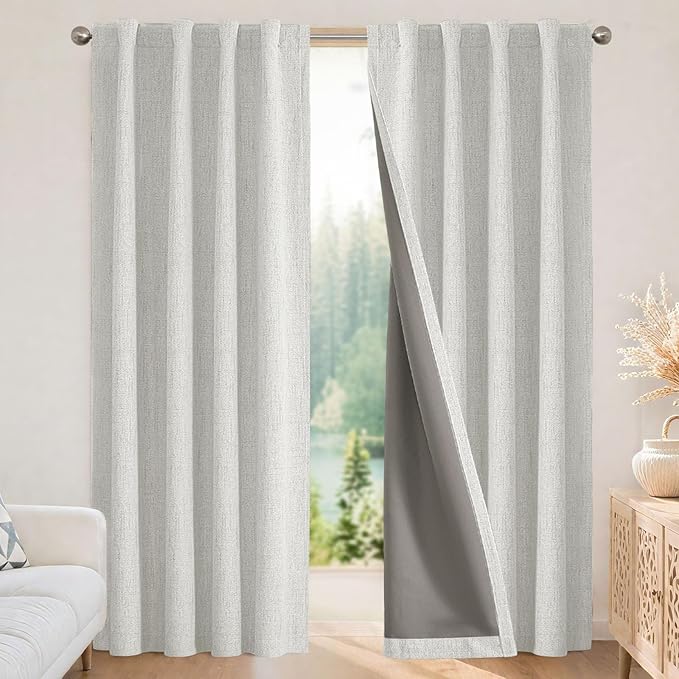 Joydeco Blackout Curtains for Bedroom - 120 Inch Long 100% Light Blocking 2 Panels Set White Drapes, Thermal Insulated Room Darkening Curtains, Linen Textured for Living Room, Rod Pocket & Back Tabs
