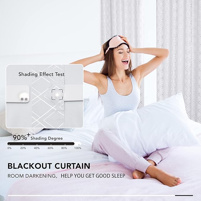 Deconovo White Room Darkening Curtains for Kitchen Nursery Office (52x63 Inch, Silver Grey/Geometry, 2 Panels) Thermal Insulated Soundproof Drapes for Bedroom Living Room