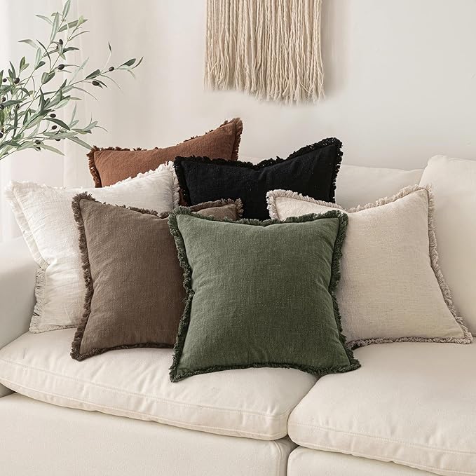 MIULEE Decorative Throw Pillow Covers Neutral Linen Fringe Throw Pillows Set of 2 Cocoa Brown Boho Farmhouse Cushion Covers for Couch Sofa Bed Living Room Spring Home Decor 18x18 Inch