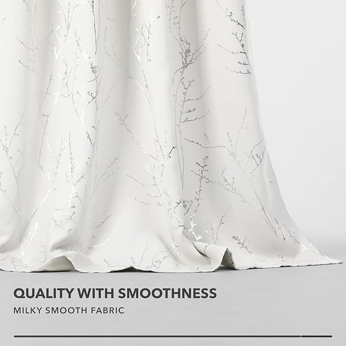 Deconovo Room Darkening Curtains, White Curtain, Thermal Insulated & Noise Reducing Drapes, Silver Branch Pattern, 42 x 63 Inch Long, Grommet Panels for Bedroom Living Room Office Nursery, Set of 2