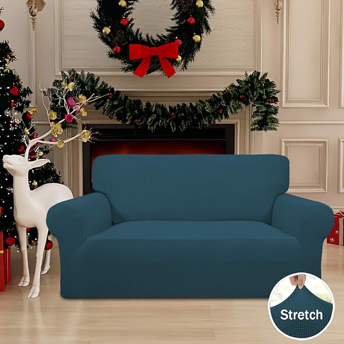 Easy-Going Stretch Loveseat Slipcover 1-Piece Sofa Cover Furniture Protector Couch Soft with Elastic Bottom for Kids Polyester Spandex Jacquard Fabric Small Checks (Loveseat, Deep Teal)