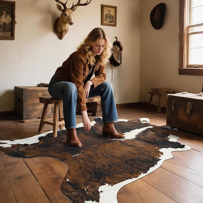 AROGAN Western Decor Faux Fur Cowhide Rug, 5.2x6.3 Feet Premium Animal Skin Cow Hide Rug, Sturdy Cow Print Rugs for Wall Decor, Western Floor Carpet for Bedroom Living Room, Black and Brown