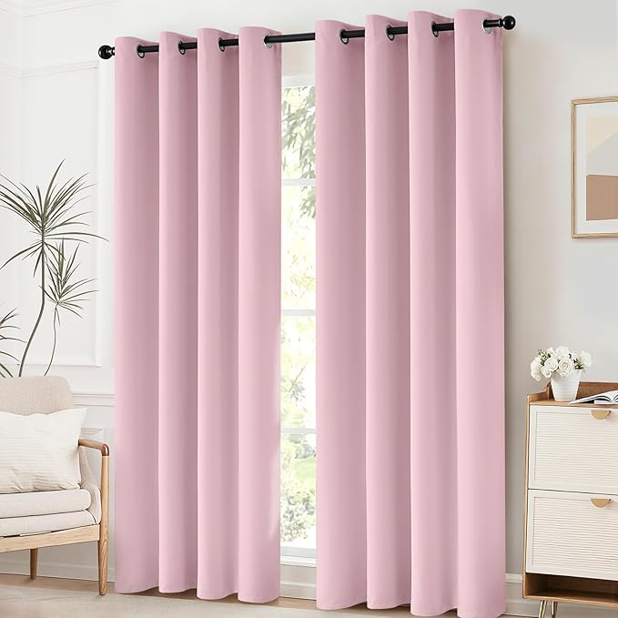 Yakamok Light Blocking Window Blackout Curtains Thermal Insulated Room Darkening Drapes for Bedroom,Solid Grommet Top Window Panels, 52x84 Inch, Pink, One Pair