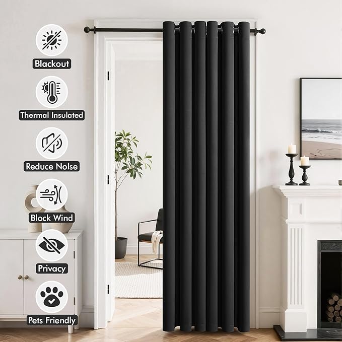 MIULEE Blackout Door Curtain Set of 2, 34 x 80 Inch Black Thermal Insulated Room Divider Drapes with Grommet Top for Privacy Cover, Living Room, Bedroom, Closet & Temporary Doorway