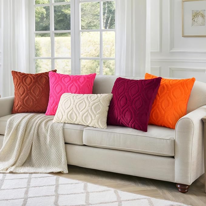 decorUhome Throw Pillow Covers 24x24 Inch Set of 2, Soft Plush Faux Wool Red Solid Couch Pillow Covers, Accent Euro Sham Farmhouse Neutral Square Pillow Cases for Sofa Bed Living Room