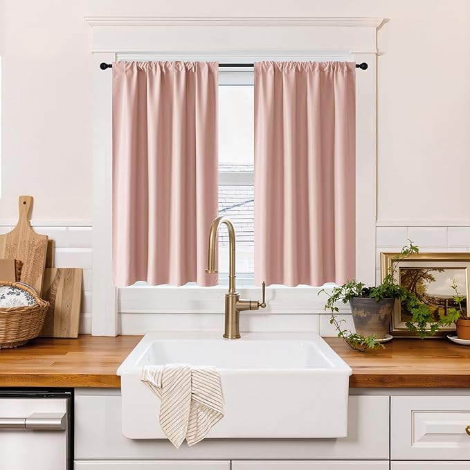 RYB HOME 100% Blackout Short Curtains for Small Window, Thermal Insulated Total Room Darkening Noise Reducing Curtains for Kitchen Bathroom Basement, 42 inches Wide by 48 inches Long, Peach Pink