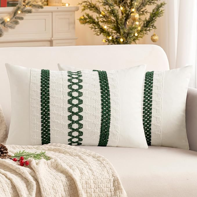 MIULEE Set of 2 Dark Green Boho Christmas Decorative Lumbar Pillow Covers 12x20 Inch Farmhouse Rustic Couch Throw Pillows Modern Cotton Cushion Cover Retro Macrame Woven Home Decor for Bed Sofa Chair