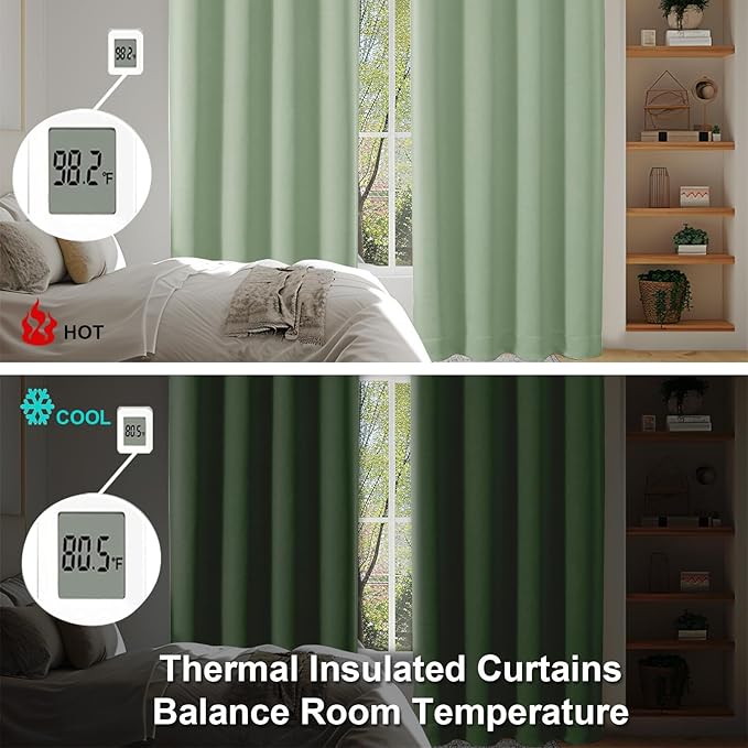 Simplebrand Ava Light Green Blackout Curtains for Bedroom 84 Inch Length 2 Panels Set, Solid Thermal Insulated Privacy Nursery Window Treatment Curtains Blackout Drapes, W50 x L84 Inch, Light Green