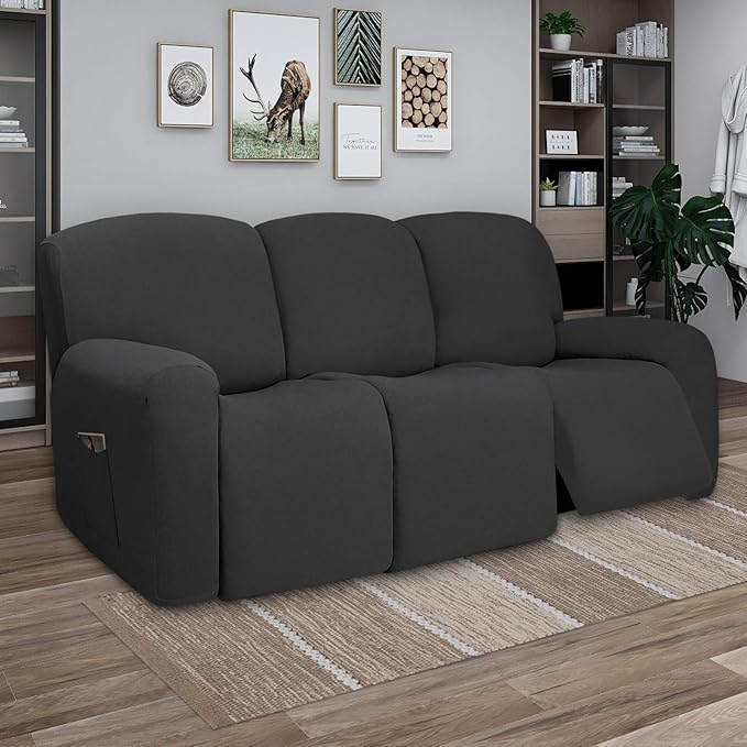 PureFit Super Stretch 3 Seats Recliner Chair Sofa Couch Cover with Pocket – Non Slip Soft Sofa Slipcover, Washable Spandex Reclining Furniture Protector for Kids, Pets (Recliner Sofa, Dark Gray)