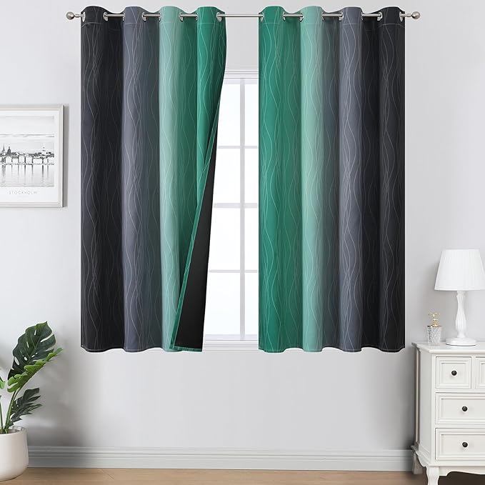 Estelar Textiler Black and Green Ombre Blackout Curtains 45 Inches Long, Full Room Darkening Gradient Drapes for Kitchen, Thermal Insulated Grommet Curtains for Short Window,52Wx45L,2 Panels