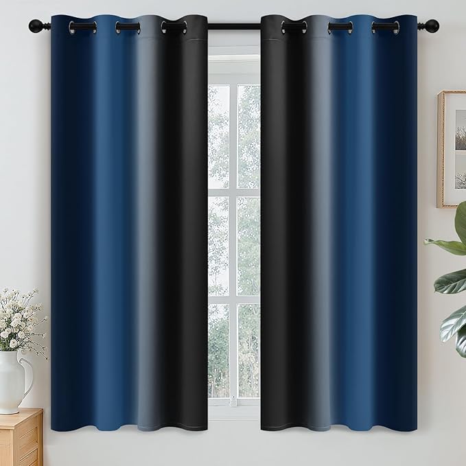 Yakamok Blackout Ombre Dark Blue and Black Curtains for Bedroom, Gradient Room Darkening Curtains, Grommet Thermal Insulated Light Blocking Window Drapes/Curtain for Living Room,52 x 54 Inch,2 Panels