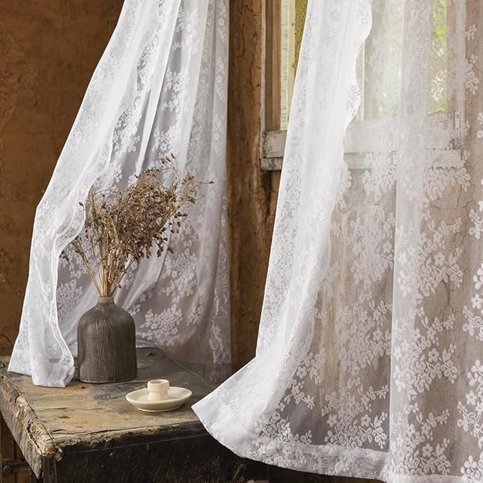 YJ YANJUN Vintage Lace Curtains 120 Inches Long-Victorian Floral Pattern White Sheer Curtain Panels for High Ceiling to Floor Large Windows, Light Filtering, 10 Foot Drapes Privacy W52xL120 10 FT