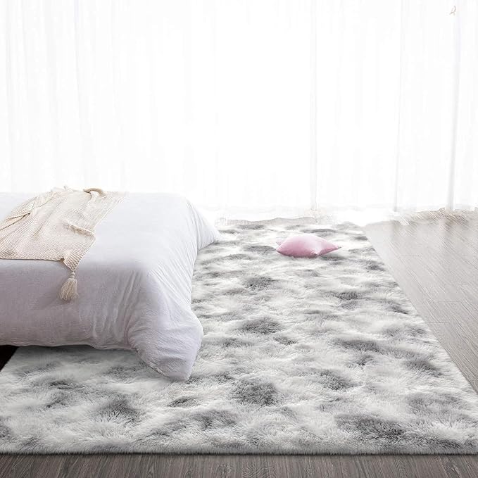 TWINNIS Super Soft Shaggy Rugs Fluffy Carpets 5x8 Feet, Indoor Modern Plush Area Rugs for Living Room Bedroom Kids Room Nursery Home Decor, Upgrade Anti-Skid Fuzzy Rug, Grey and White