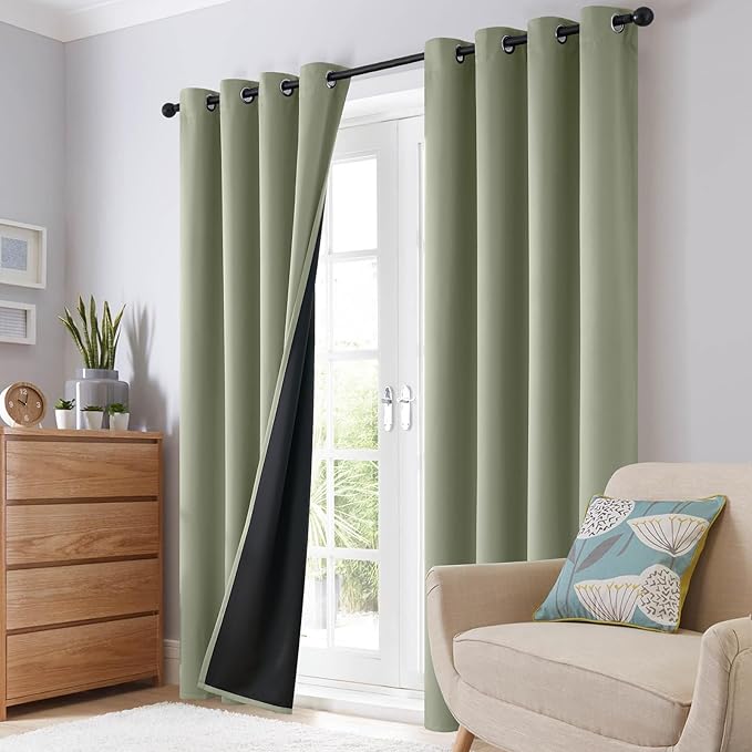 SimpleHome 100% Blackout Curtains for Bedroom,Thermal Insulated Light Sage Grommet Window Drapes Room Darkening Curtains for Living Room with Black Back,52 x 63 Inch,2 Panels