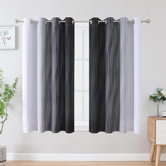 Estelar Textiler Ombre Greyish White and Black Blackout Curtains & Drapes 45 Inch Length 2 Panels for Bedroom, Thermal Insulated Full Light Blocking Grommet Blackout Drapes for Bathroom, 52Wx45L