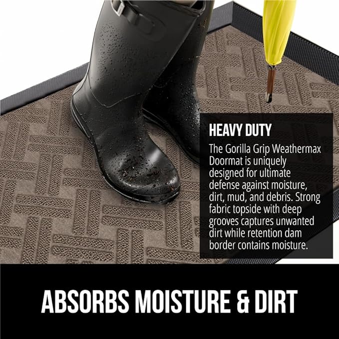 GORILLA GRIP 100% Waterproof All-Season WeatherMAX Doormat 35x23, US Designed Natural Rubber, Stain and Fade Resistant, Low Profile Indoor Outdoor Door Mats, Easy Clean Patio Mat, Taupe Basket Weave
