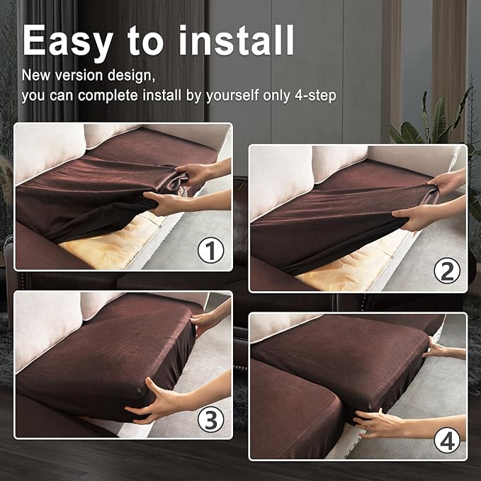 Leather Look Couch Cushion Covers Sofa Seat Slipcovers Sets Couches Furniture Protector for Sectional Armchair Loveseat Pets Kids Stretch Spandex Fabric (3 Cushion Sofa, Chocolate)
