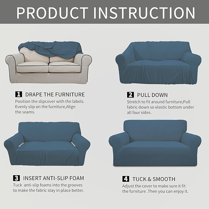 Easy-Going Stretch Loveseat Slipcover 1-Piece Sofa Cover Furniture Protector Couch Soft with Elastic Bottom for Kids Polyester Spandex Jacquard Fabric Small Checks (Loveseat, Bluestone)