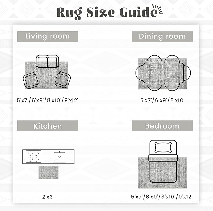 Living Room Rugs 8x10: Washable Moroccan Geometric Boho Rug Farmhouse Non Slip Stain Resistant Large Rug Low Pile Soft Carpet for Bedroom Dining Room Children Room (Grey,8'x10')