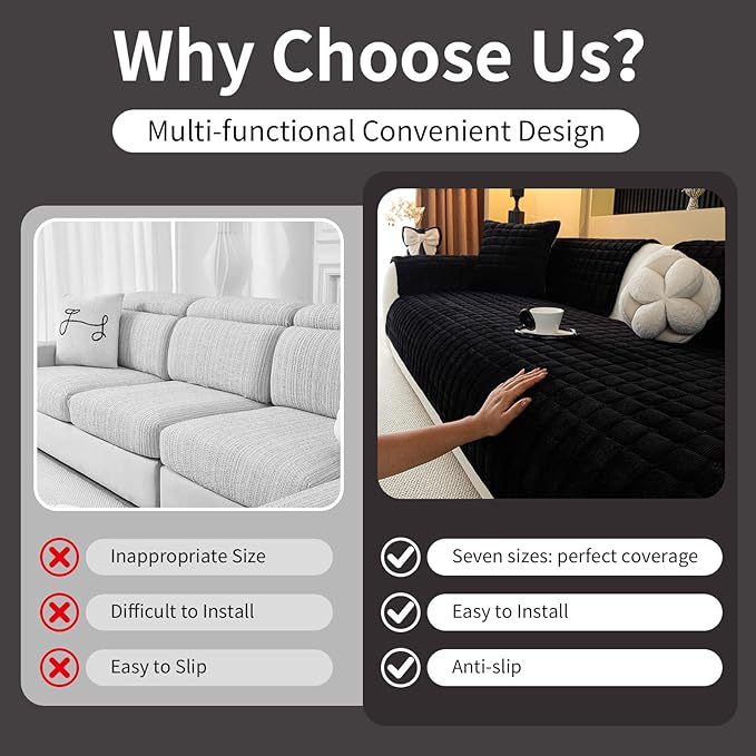 Velvet Couch Cover, Plush Sectional Sofa Cover Washable, Anti Slip Sofa Slipcover for Armrest & Backrest, Furniture Protector Covers for Pets & Kids(1PC, Black, 27.6"×27.6", Single Seater)