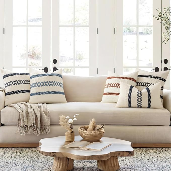 MIULEE Set of 2 Navy Blue Boho Decorative Pillow Covers 18x18 Inch Farmhouse Rustic Couch Throw Pillows Modern Spring Cotton Cushion Covers Retro Cute Macrame Woven Home Decor for Bed Sofa Chair