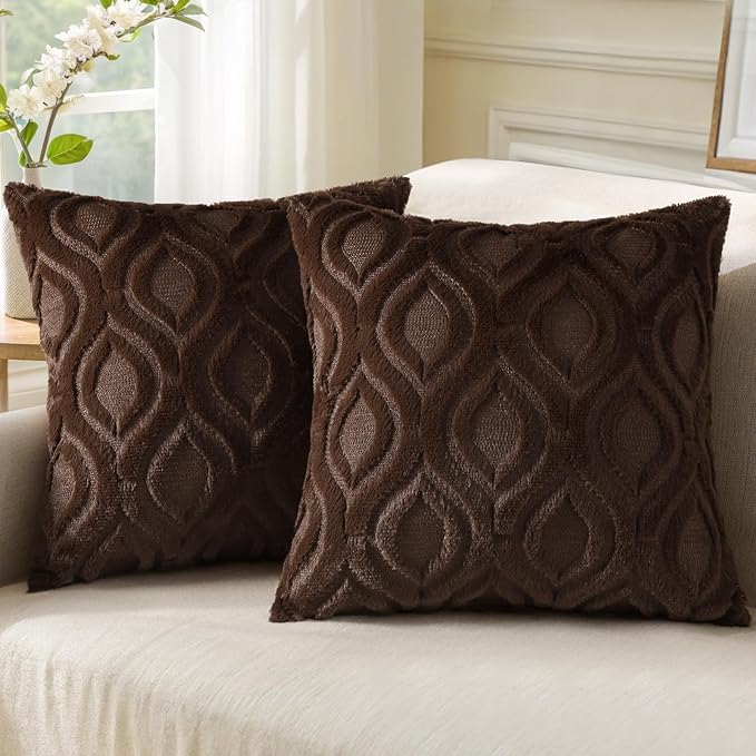 decorUhome Throw Pillow Covers 20x20 Inch Set of 2, Soft Plush Faux Wool Dark Brown Solid Couch Pillow Covers, Accent Farmhouse Neutral Square Pillow Cases for Sofa Bed Living Room