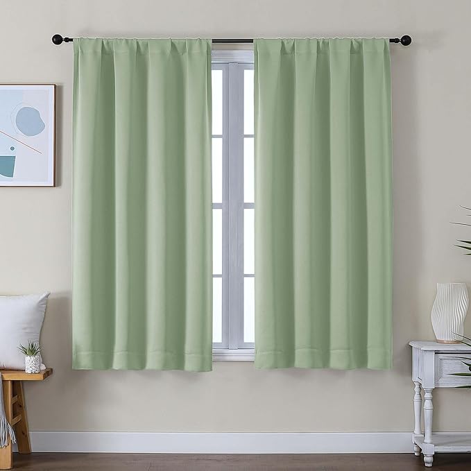 Simplebrand Ava Light Green Short Blackout Curtains for Bedroom 54 Inches Long 2 Panels Set, Solid Thermal Insulated, Energy Saving Window Treatment Curtains Blackout Drapes, W40 x L54 Inch