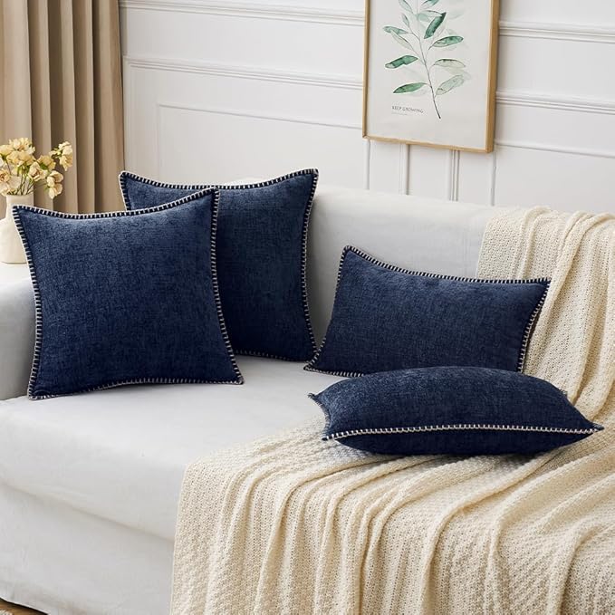 MIULEE Pack of 2 Couch Throw Pillow Covers 12x20 Inch Navy Blue Farmhouse Decorative Pillow Covers with Stitched Edge Soft Chenille Solid Dyed Spring Pillow Covers for Sofa Bed Living Room